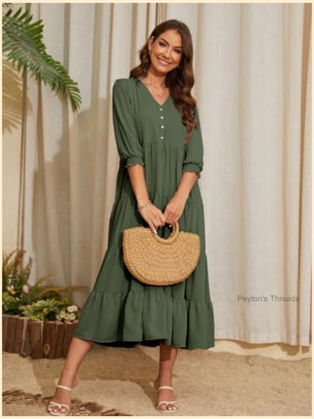 V Neck Boho Midi Dress Puff Sleeve High Waist Floral Smocked Flowy Ruffle - Picture 4 of 6